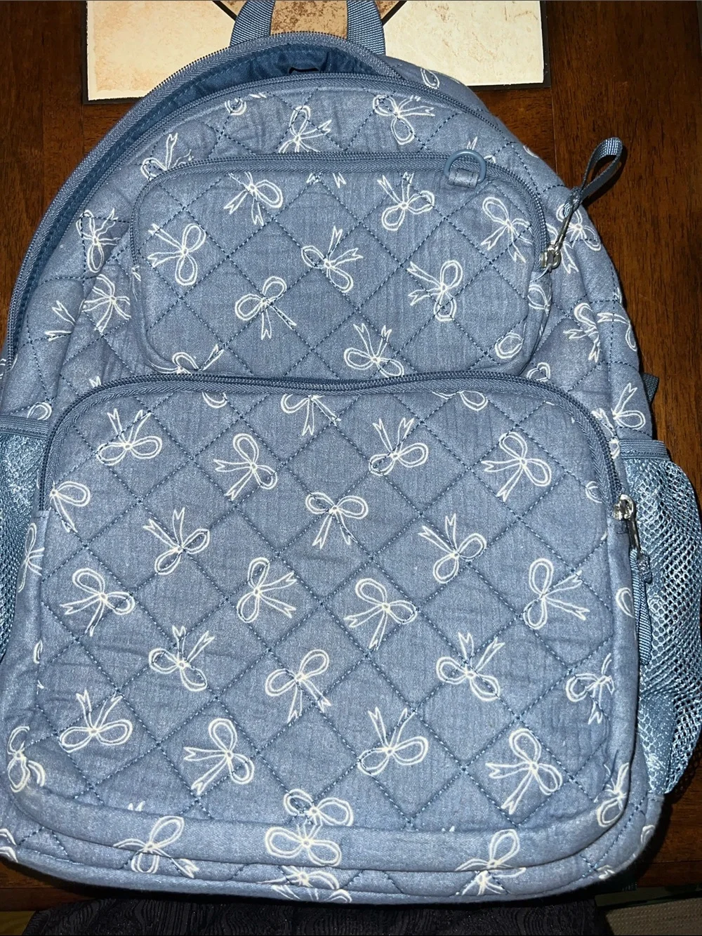Cat & Jack Blue Quilted Kids Backpack with White Bow Print